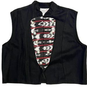 Vintage Woman Sz L Cactus Flower Vest Black Red Stripe Metal Buttons Made in USA